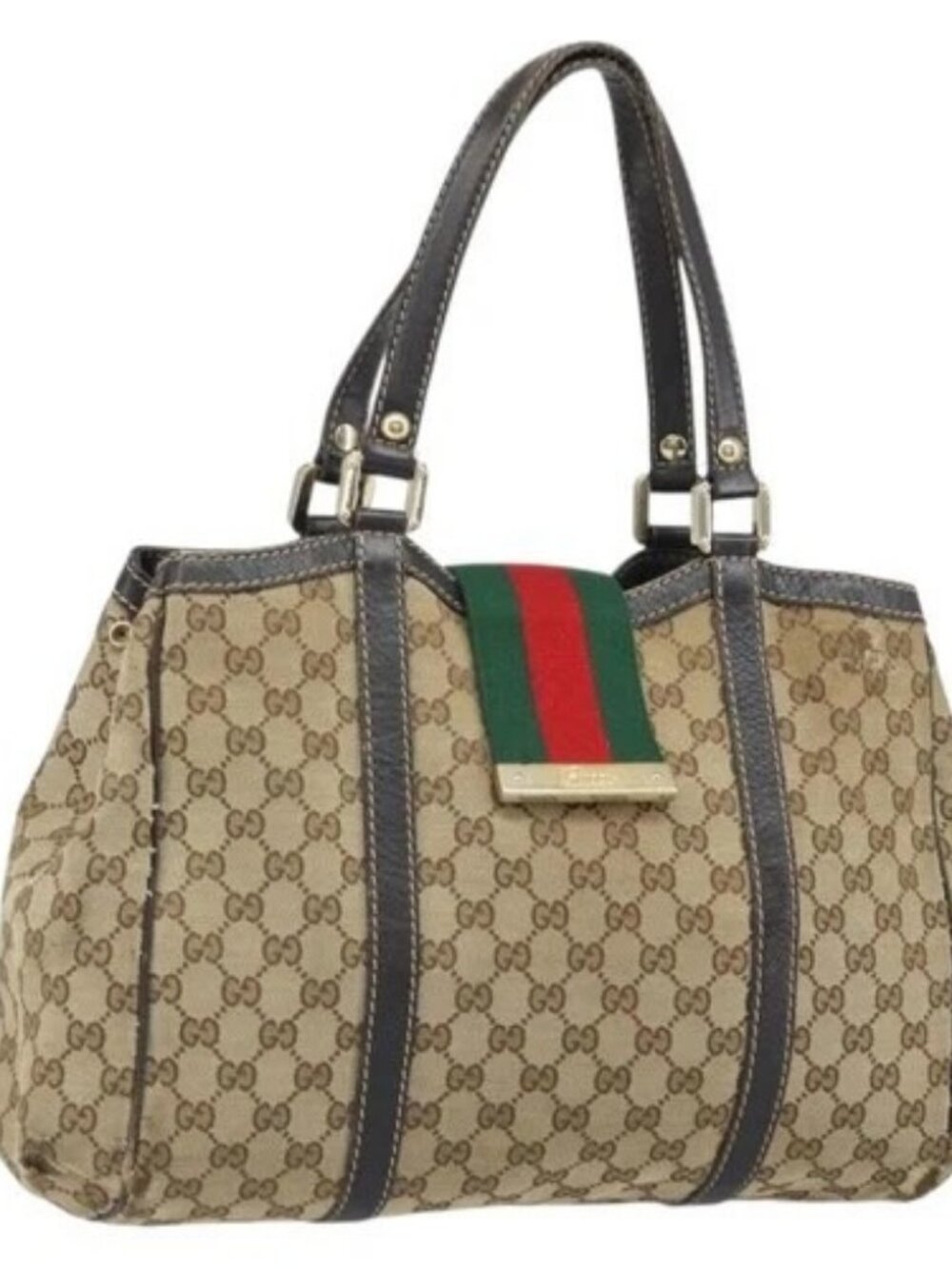 GUCCI GG Canvas Web Sherry Line Tote Bag Red Gold 233609 Auth gh1730